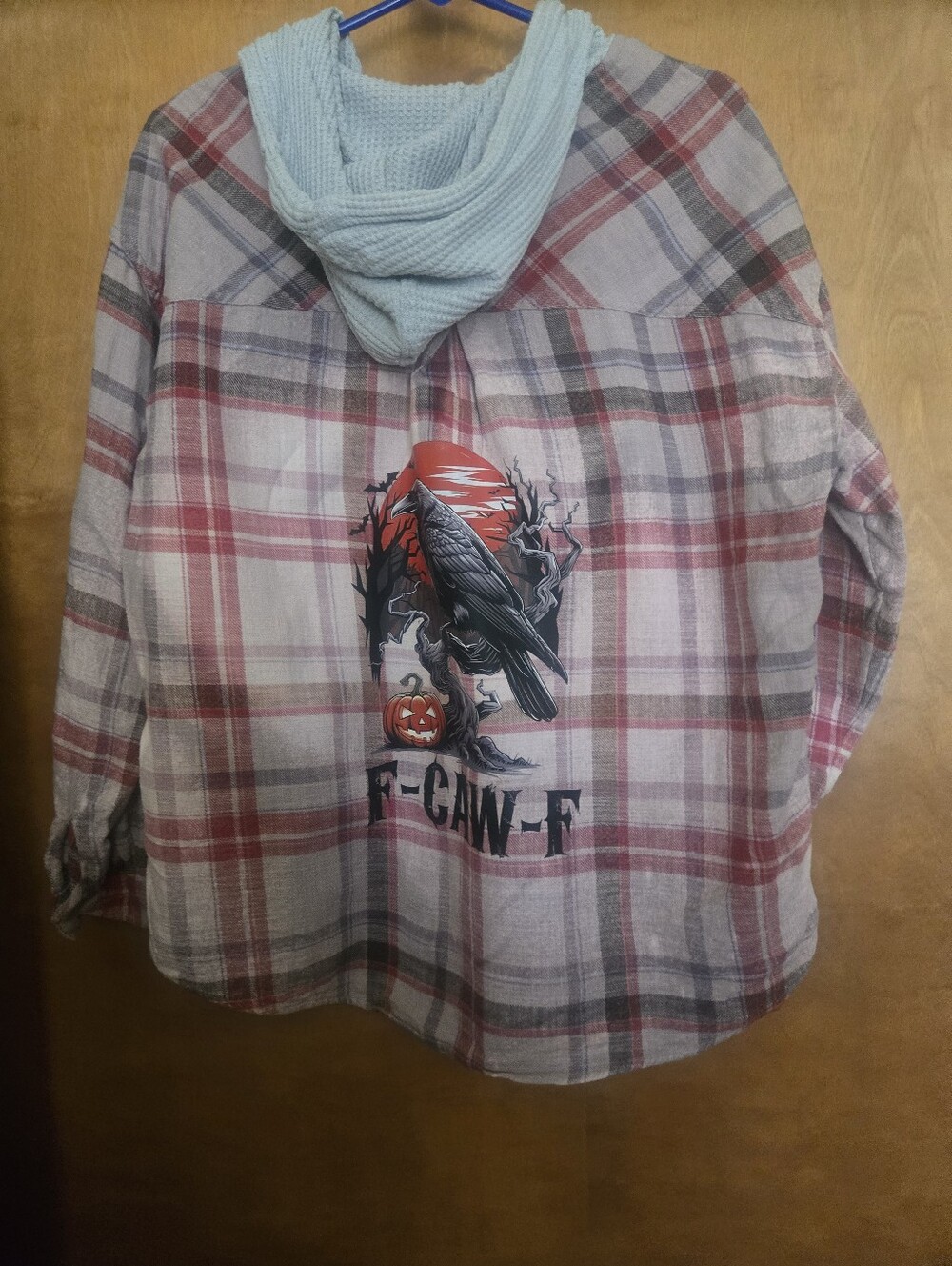 Upcycled Bleached Flannel Shirt with Graphic Crow & Red Moon Design LS23